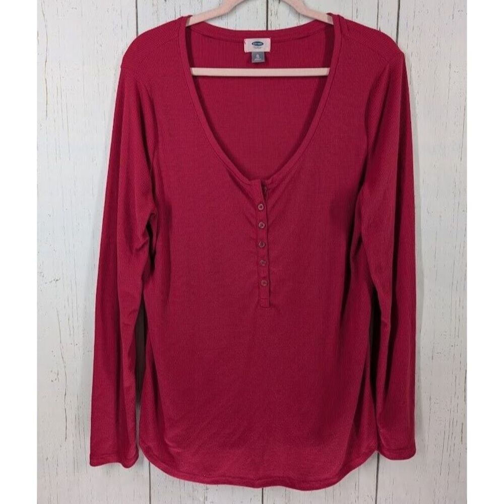 Old Navy Size XL Dark Pink Scoop Neck Button‎ Long Sleeve Ribbed Casual Top